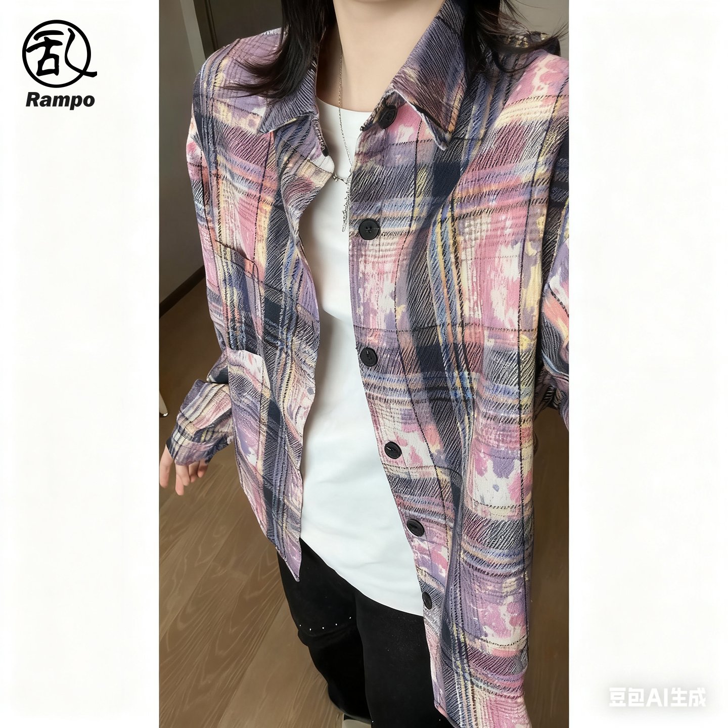 vintage绿色扎染格子衬衫男款美式复古情侣长袖衬衣外套叠穿上衣