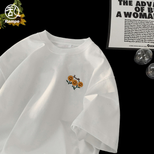 原创高级感刺绣短袖 ins T恤男女潮牌宽松休闲百搭体恤男纯棉情侣装