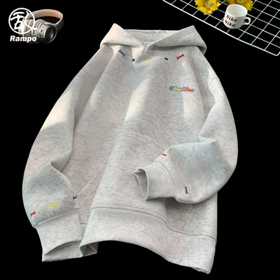 美式设计感砂洗刺绣连帽卫衣外套