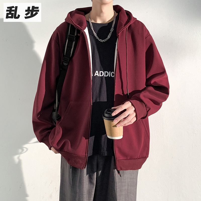 酒红色开衫卫衣连帽宽松休闲外套