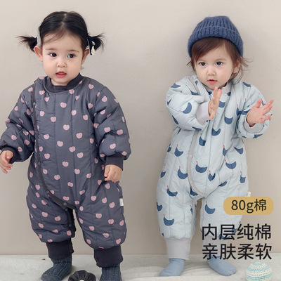 哇哇婴儿夹棉连体衣秋冬季保暖衣服薄棉袄棉服初生宝宝秋冬爬服