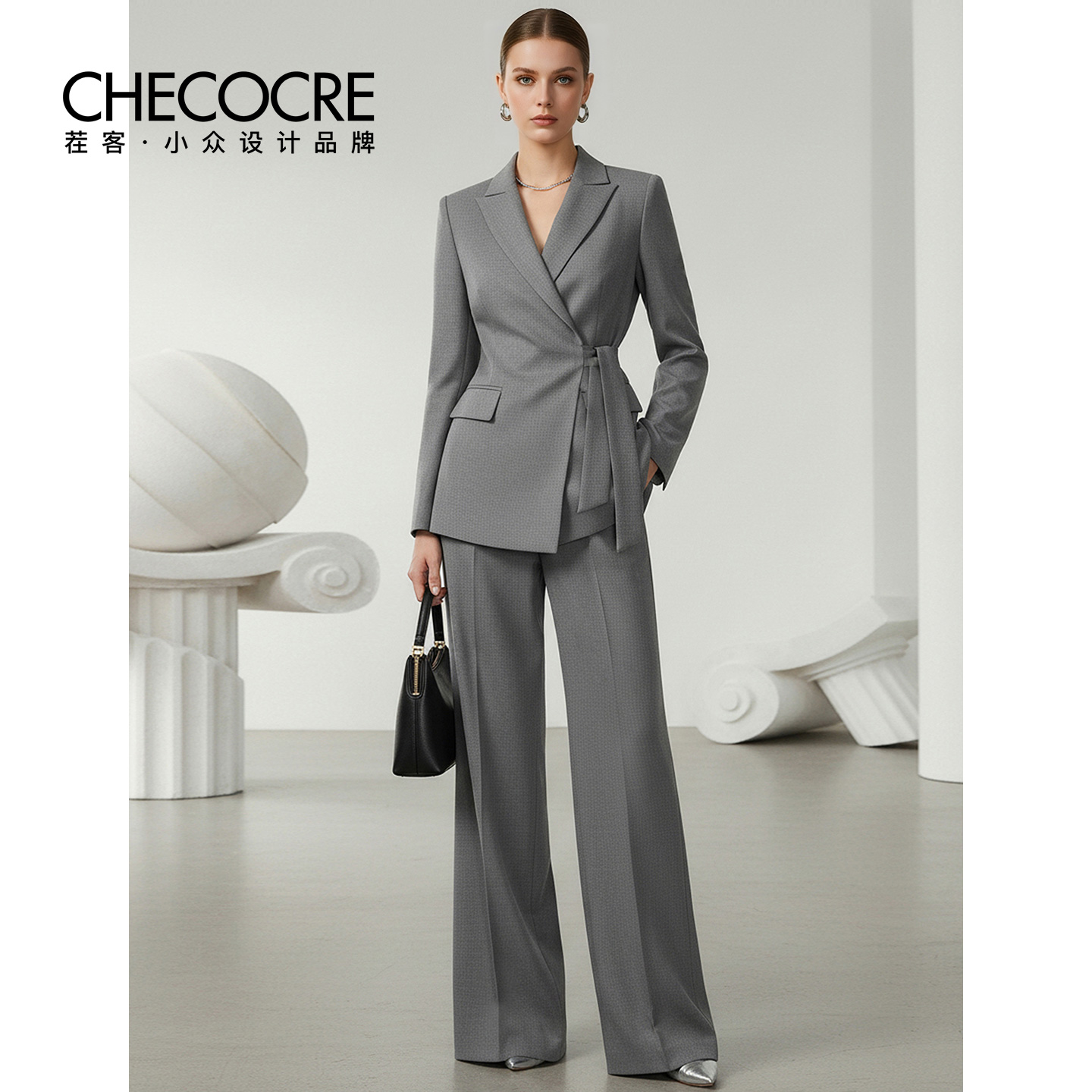 茬客秋新款戗驳领绑带上衣长裤