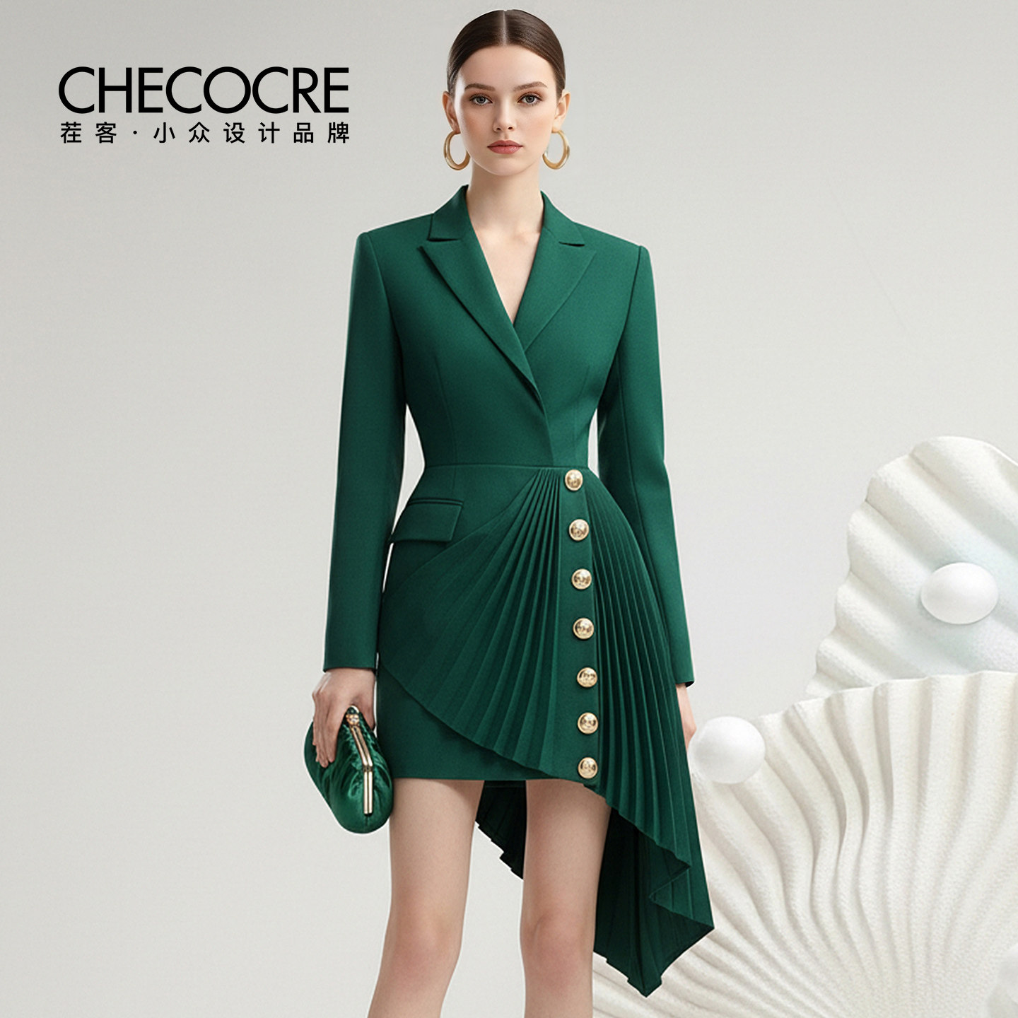 茬客【墨玉金章】优雅轻熟风连衣裙2026春新款西装领不规则压褶裙,女装/女士精品,连衣裙,淘宝优惠券,粉丝福利购,淘宝优惠卷