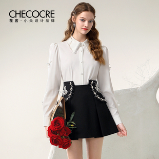 【协奏曲】甜美减龄套装春季新款泡泡袖衬衫显瘦钉钻半裙