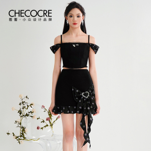 吊带修身 茬客时尚 新款 裙25夏季 针织提花上衣蝴蝶结短裙 气质风套装