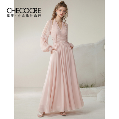 茬客气质优雅风V领珍珠链连衣裙