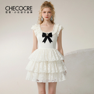 茬客【云间芭蕾】甜美少女风连衣裙26春新U型领蝴蝶结针织散摆裙