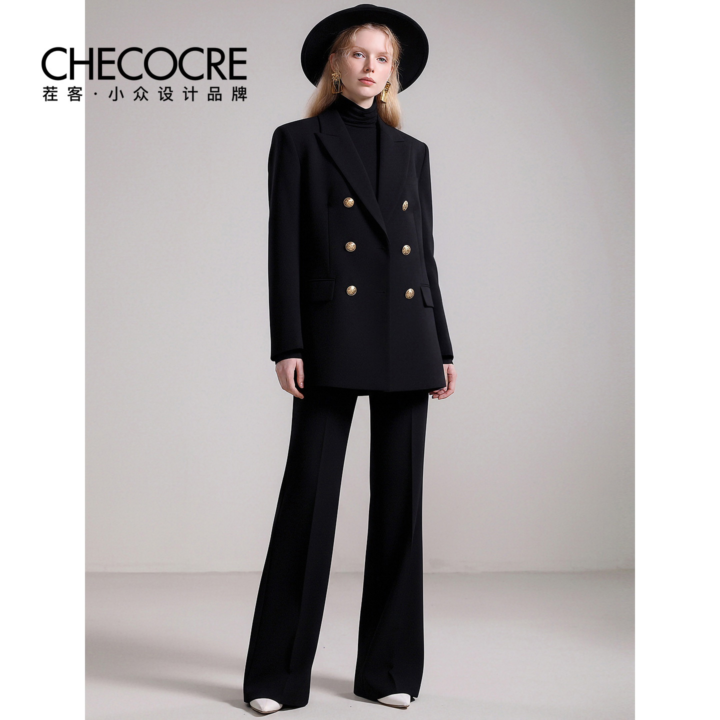 茬客双排扣上衣微喇长裤