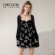茬客 方领蝴蝶印花短裙 新款 花蝴蝶 浪漫温柔连衣裙2025秋季