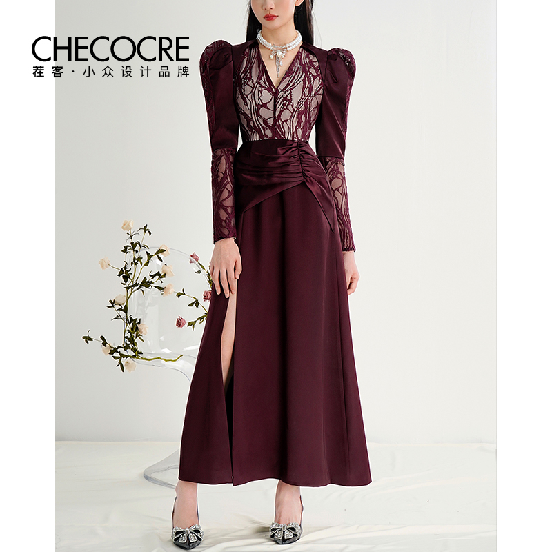 茬客轻熟风酒红色性感V领礼服裙