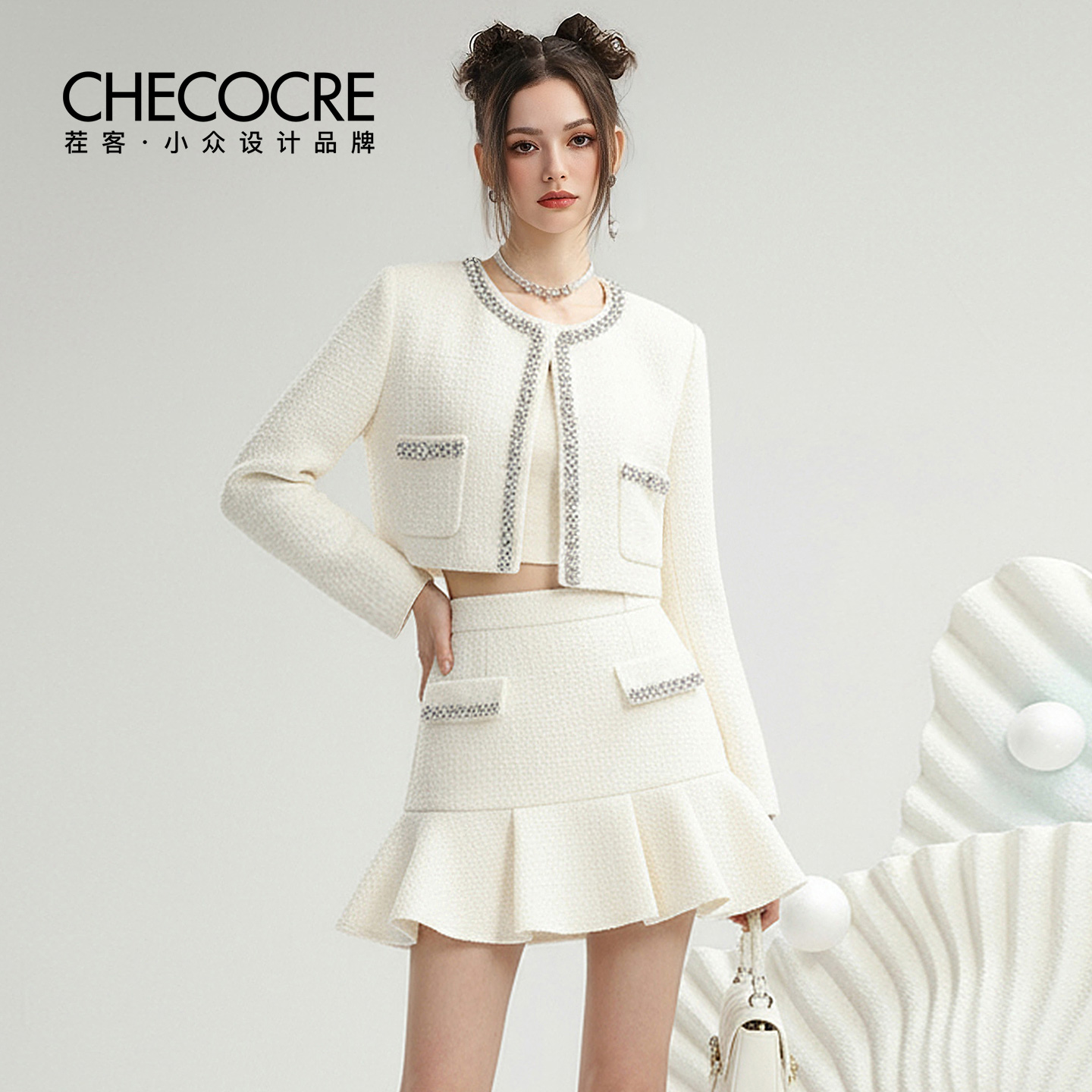 茬客新款圆领钻链上衣半裙