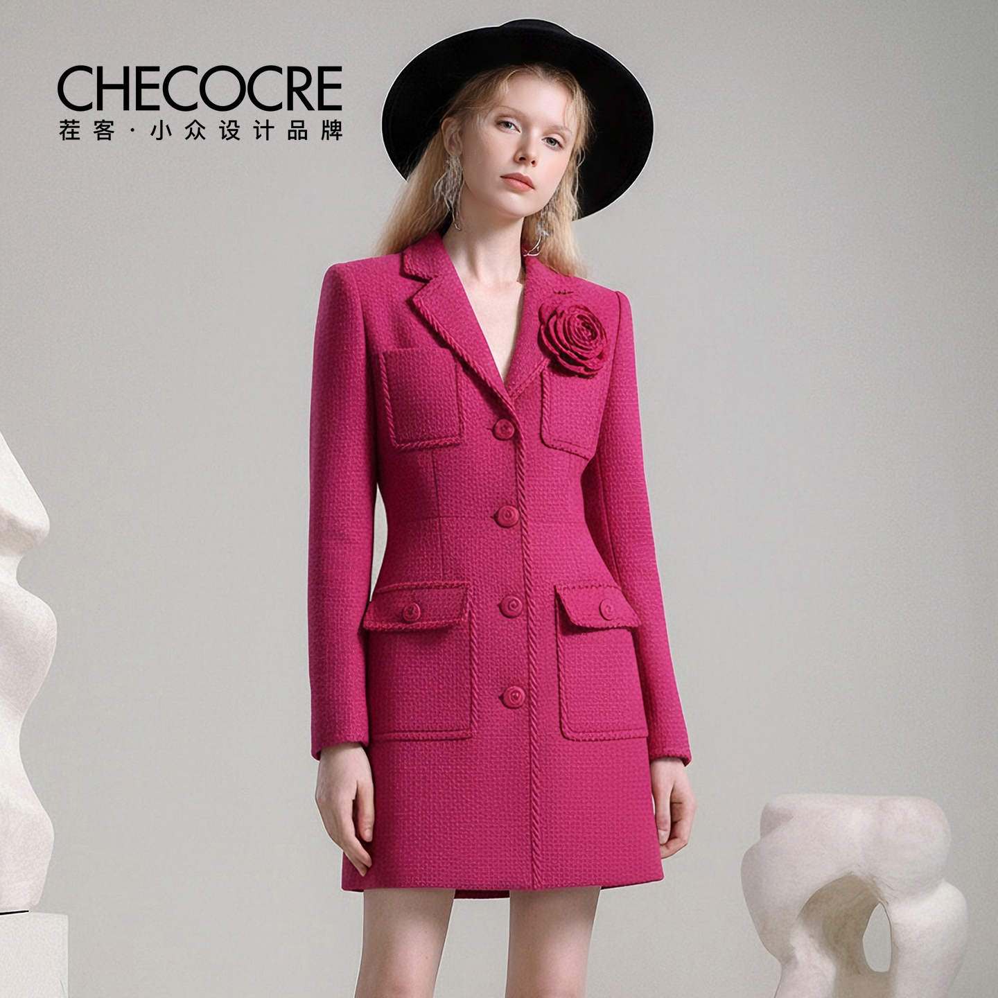 茬客西装领立体花朵短裙