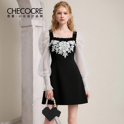 茬客优雅风A摆裙网纱立体花透气