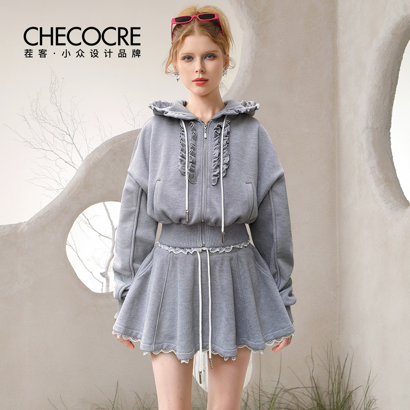 茬客【花间影】休闲时尚套装裙2025秋季新品连帽花边外套A字半裙,女装/女士精品,时尚套装,淘宝优惠券,粉丝福利购,淘宝优惠卷