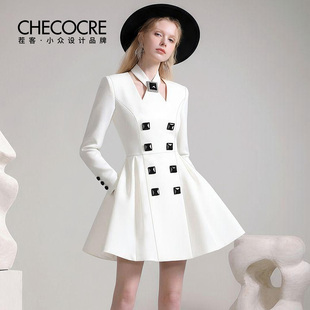 挂脖钻饰收腰A字裙 简约宫廷风连衣裙25秋冬新款 茬客 月光白茶