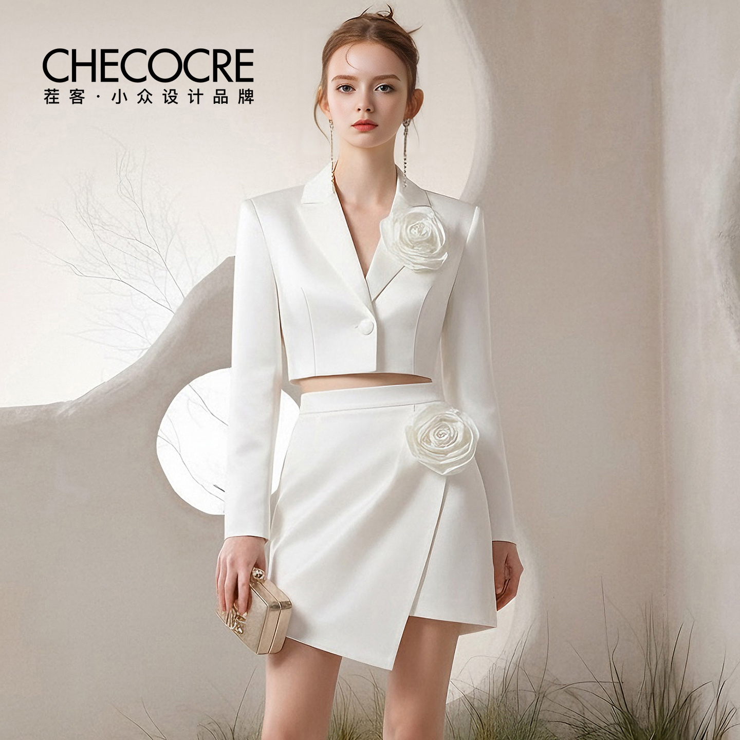 茬客西装领花朵上衣不规则半裙