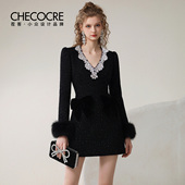 华丽轻奢连衣裙2025秋新款 茬客 复古晚宴 珠片立体蝴蝶毛毛短裙