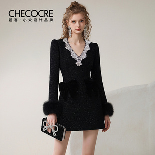 茬客【复古晚宴】华丽轻奢连衣裙2025秋新款珠片立体蝴蝶毛毛短裙