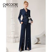 茬客轻熟通勤职业套装 2025秋冬藏青色束腰上衣开叉阔腿裤 两件套女