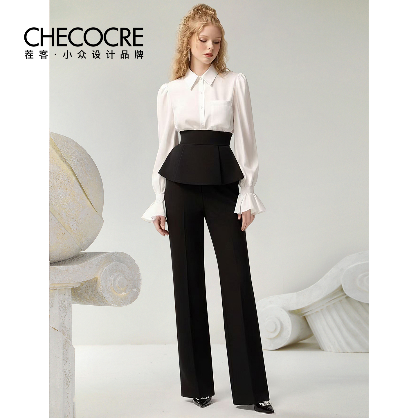 茬客衬衫领喇叭袖上衣长裤