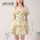 茬客法式 甜美连衣裙女初恋感夏季 浮雕提花小清新碎花俏皮少女裙子