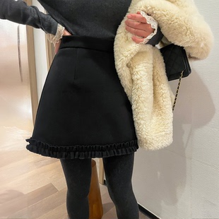 大码胖mm秋季黑色木耳边毛呢半身裙女百搭包臀裙高腰显瘦A字短裙