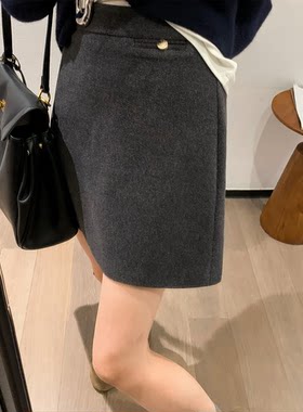 深灰色毛呢半身裙女短裙子