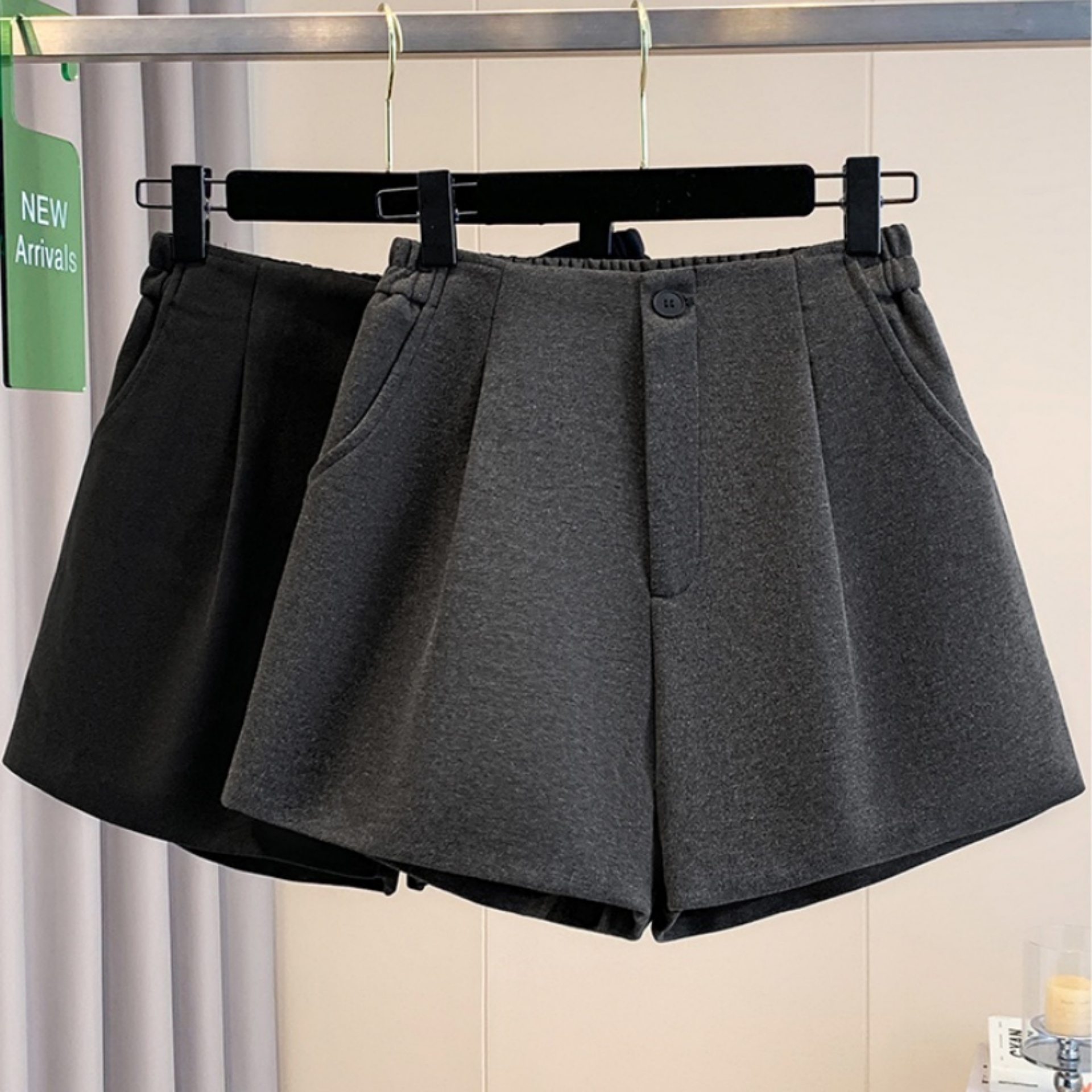 大码高腰毛呢短裤阔腿裤