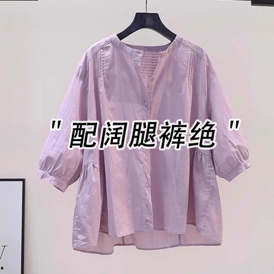 紫色七分袖棉麻衬衫女夏季2026新款减龄洋派宽松新中式娃娃衫上衣