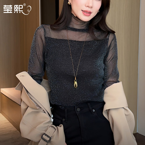 春秋微透黑色网纱打底衫女
