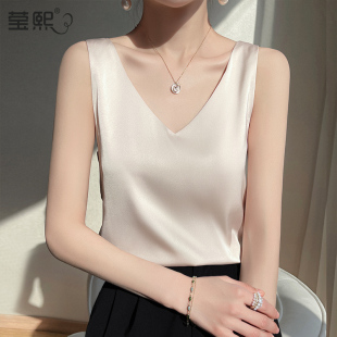 吊带背心女白色仿真丝外穿夏季 内搭打底宽松醋酸缎面上衣 西服西装