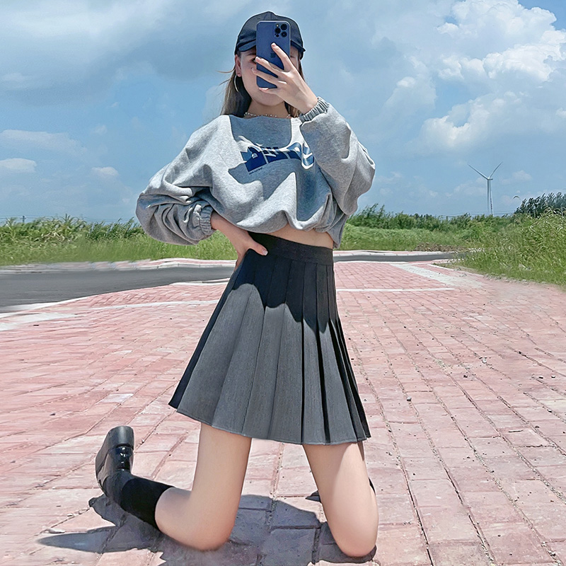 灰色百褶裙女春秋西装料短裙小个子高腰显瘦a字裙半身裙子套装夏