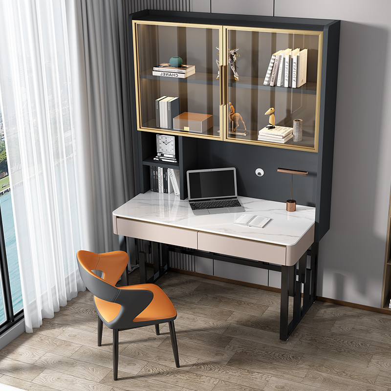 轻奢岩板书桌书架一体家用学生学习桌书柜电脑桌现代简约办公桌子