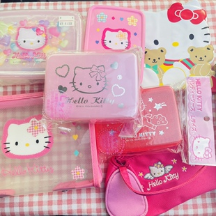 绝版稀有中古hello kitty便当盒收纳洗漱包笔袋天使千鸟格1997年