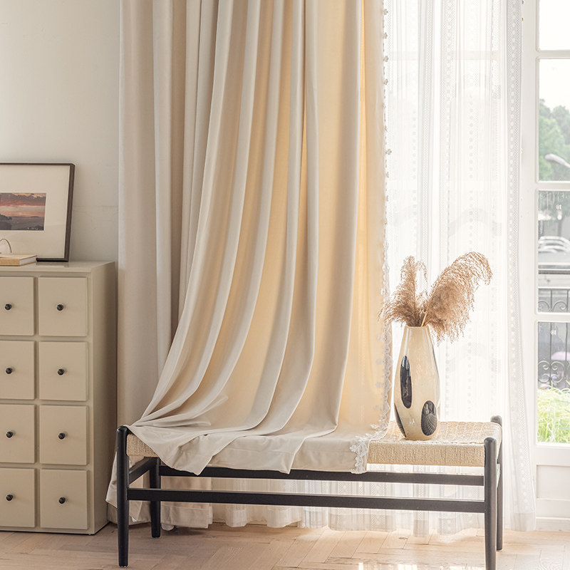 定制世纪铭典 法式轻奢绒布窗帘典雅绣花边遮光卧室客厅飘窗落地