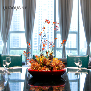 新中式仿真花摆件酒店餐桌花摆花陶瓷盘假花摆设餐厅转盘圆桌花艺