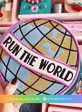 现货 正品SKINNYDIP粉蓝色刺绣地球仪地图环球旅行圆形斜挎包