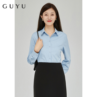 工作服 女长袖 白衬衣圆领工装 娃娃领面试正装 秋季 抗皱蓝色职业衬衫