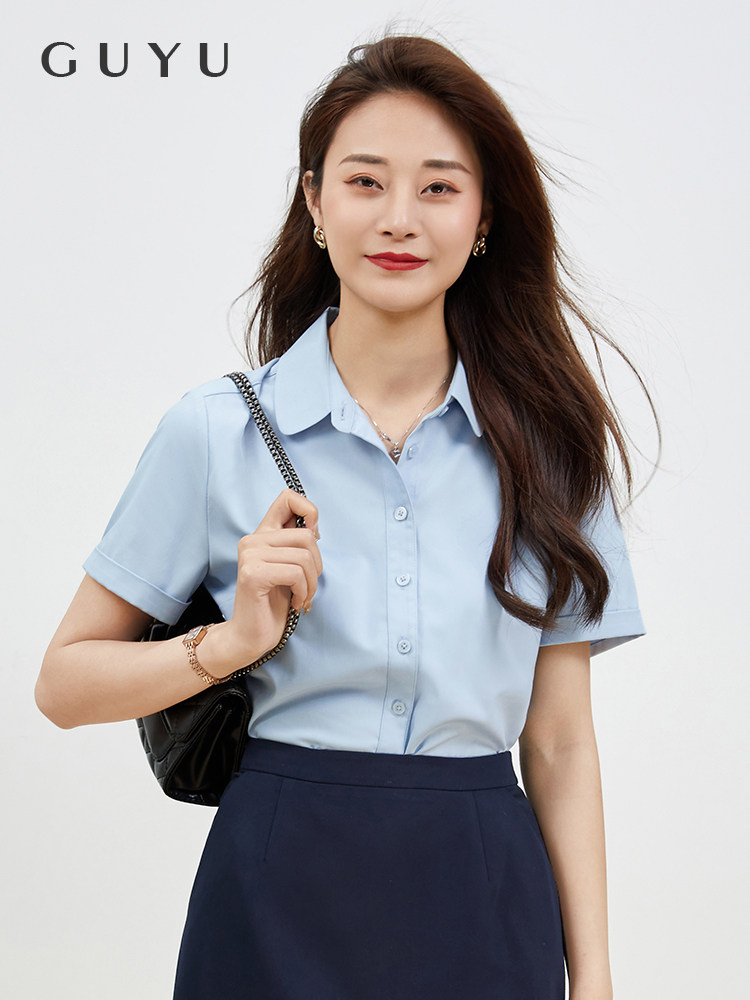 蓝色衬衫女短袖夏季大学生公务员面试穿搭正装衬衣工作服职业套装