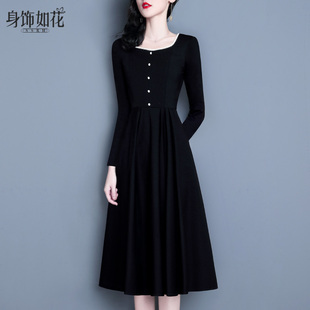小黑裙2025春秋新款 a字裙钉珠中长款 长袖 黑色连衣裙 气质名媛修身