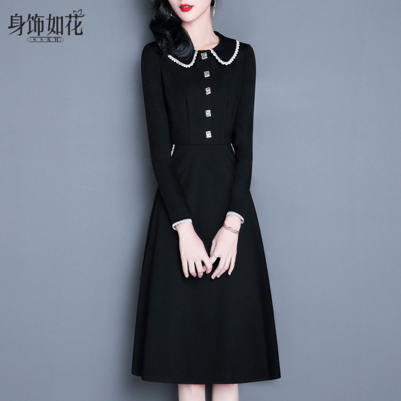 小黑裙2025春秋新款淑女装冬a字娃娃领长袖气质打底裙黑色连衣裙