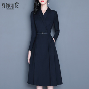 春西装连衣裙2026秋冬新款淑女装气质修身A字裙长袖深蓝色大摆裙