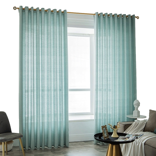 加厚麻纱窗帘窗纱纯色纱帘窗帘挂钩打孔北欧简约透光遮人遮阳窗纱