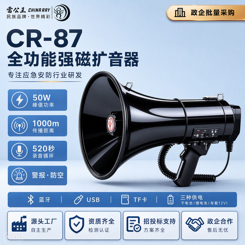 雷公王CR-87手持喊话器大功率户外高音喇叭扬声器蓝牙录音扩音器