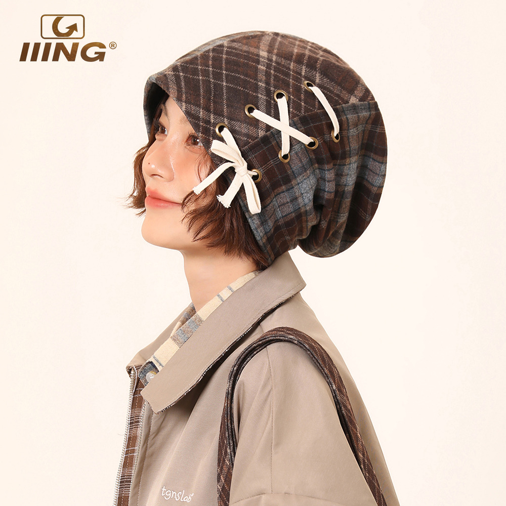 秋冬格纹拼接穿绳保暖护耳堆堆帽