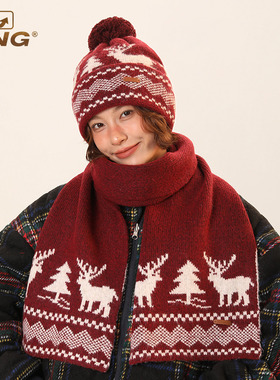 IIING帽控 复古费尔岛提花毛球包头帽子女冬加厚护耳帽保暖针织帽