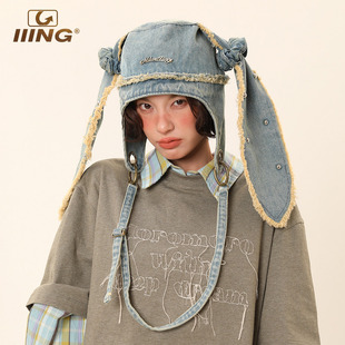 IIING帽控 复古小众设计兔子大耳朵潮流帽子女重工水洗牛仔包包帽