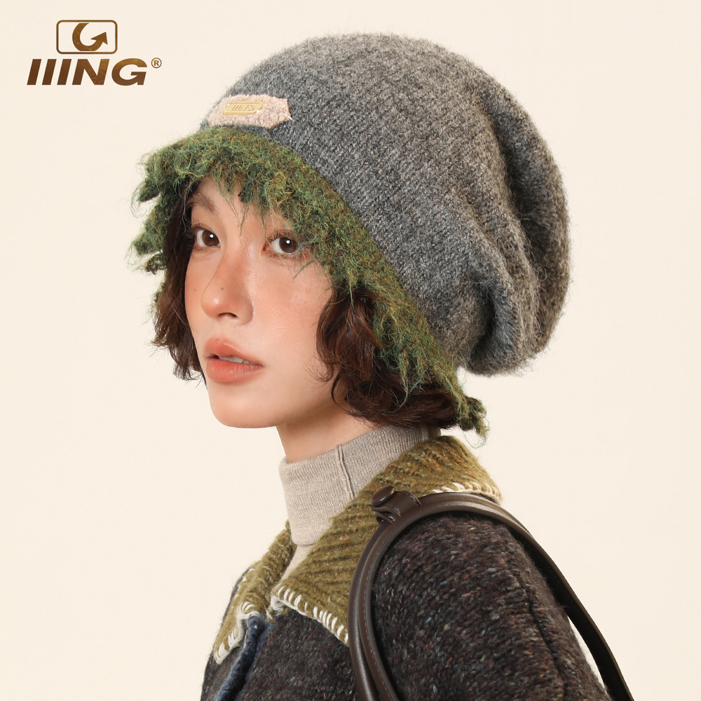 秋冬毛边撞色针织堆堆帽