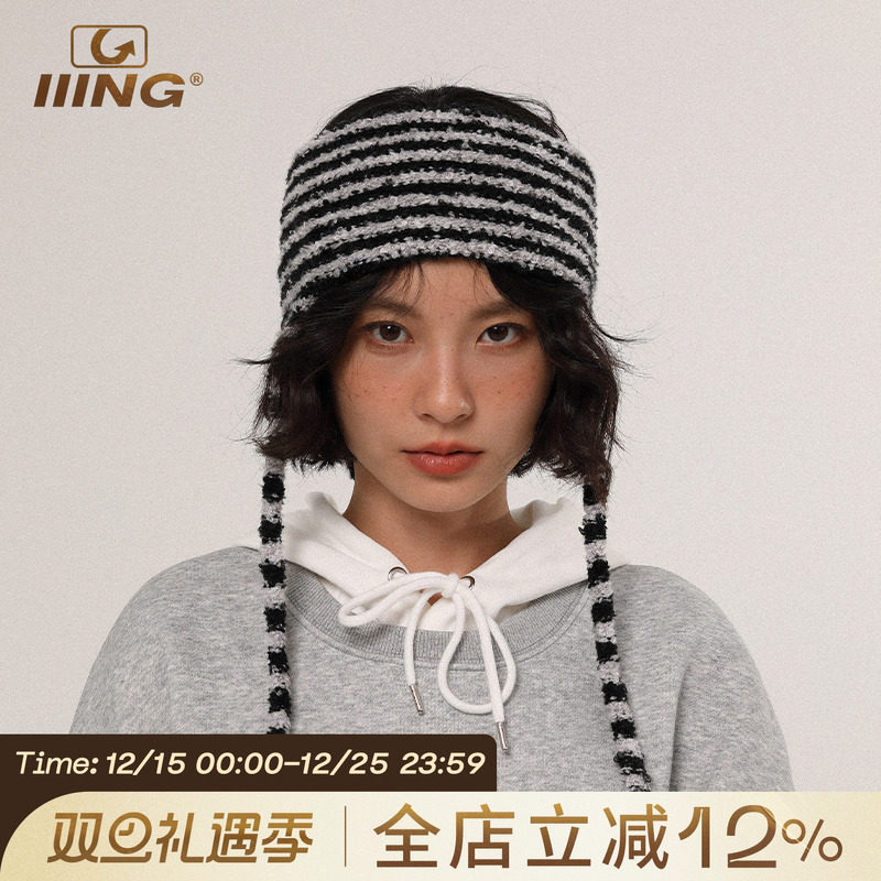 IIING帽控护耳发带条纹发箍