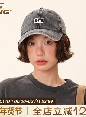 IIING帽控 水洗牛仔黑色帽子女2025新款鸭舌帽宽帽檐显脸小棒球帽
